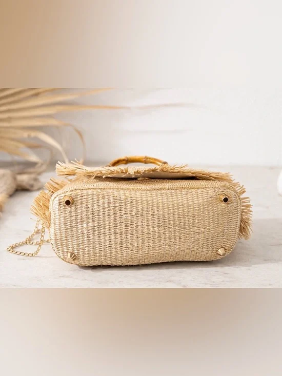 Tommy Bahama Bamboo Handle Raffia Fringe Crossbody Bag Luxe Resort Boho Beach - Picture 5 of 10